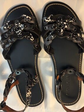 Coach Black Leather Chain-Link Sandals with Speckle Accent